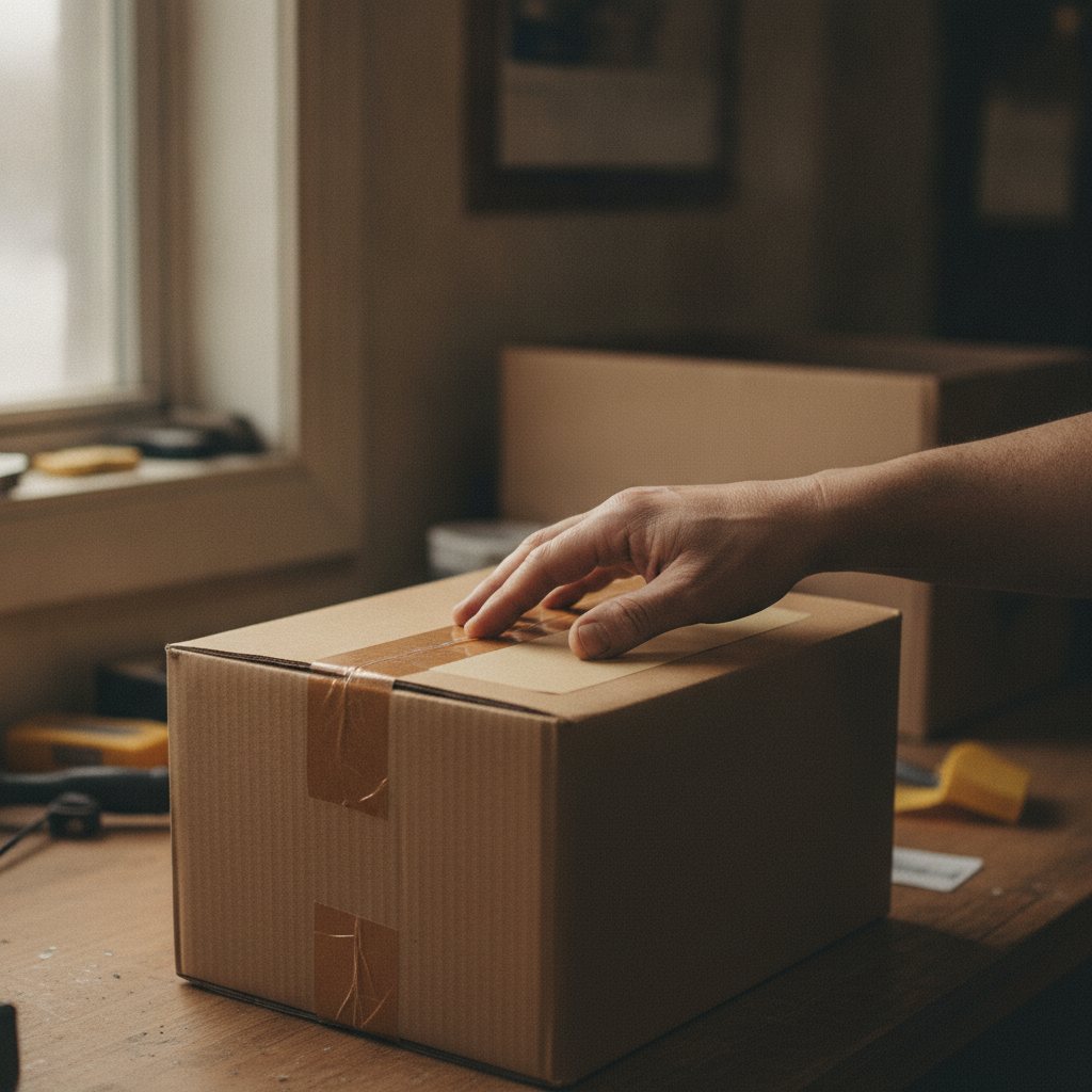 Close crop of a single hand pressing a blank shipping label flat onto a plain carton, natural side light, slight grain, no face, no full figure, no branding on the label