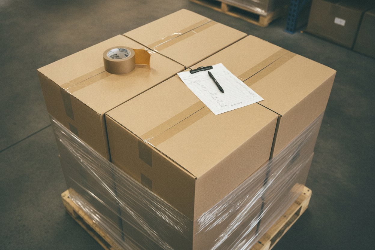 Top-down close crop of taped and labelled plain cartons stacked squarely on a wrapped pallet, one roll of packing tape and a printed pick list with a pen resting on the top carton, tight rectilinear framing, hands absent
