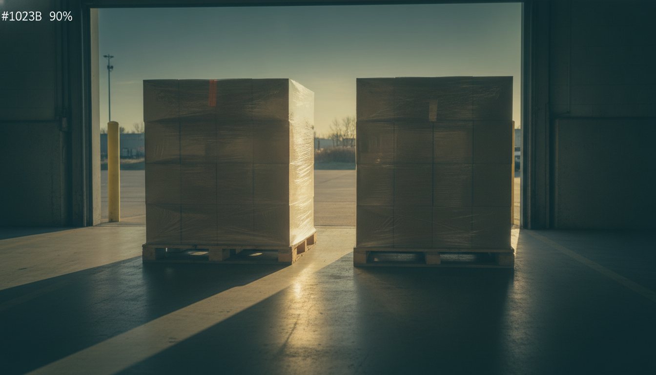 Open loading-bay door at early morning, warm daylight raking across a swept concrete floor, two shrink-wrapped pallets of plain taped cartons squared up and ready to move, shot straight-on and rectilinear, no people, no signage, no vehicles
